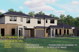 create townhouse 3d exterior rendering, attached house design