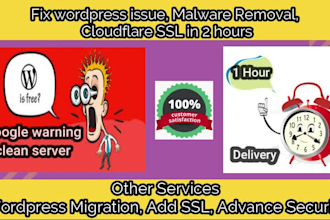 fix wordpress issue, malware removal, cloudflare SSL 1hour