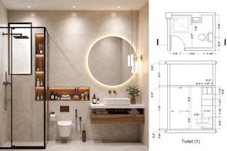 bathroom design, floor plan, 3d modeling and rendering
