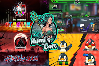 design twitch logo, stream overlay package, kick animated emotes and sub badges