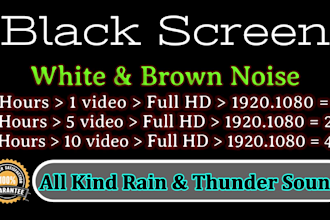 create 10 hour black screen rain video, white and brown noise, fireplace videos