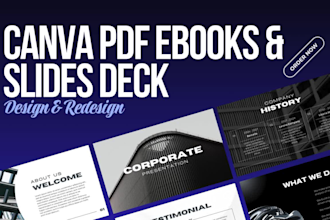 design canva PDF ebooks, canva redesign, workbooks, company presentation slides