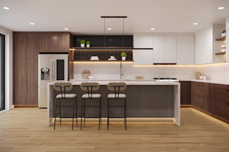 do modern and luxury kitchen interior design in 3d rendering