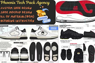 design custom shoe tech pack, sneaker,  with mockup design for manufacturing