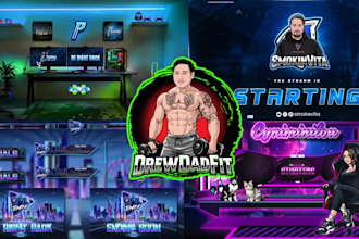 design custom twitch overlay pack, stream logo, gaming room, animated emotes