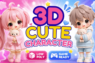 make cute 3d model chibi, anime, cartoon character for game rendering in blender