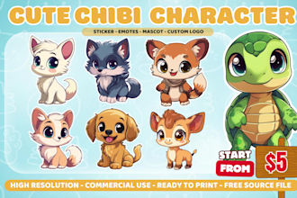 draw cute chibi character, cartoon animal illustration art or stickers