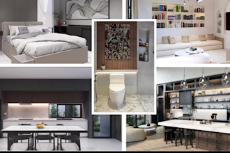 create 3d interior design for kitchen, living room, and bedroom