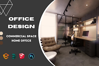 design a unique commercial office interior, 3d model for workplace, studio, flat