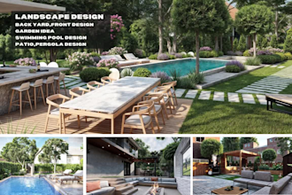 do backyard landscape design, terrace, swimming pool  realistic landscape