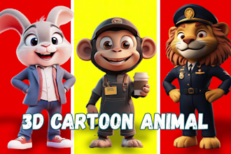 design 3d cute character, animal, mascot cartoon for animation and printing