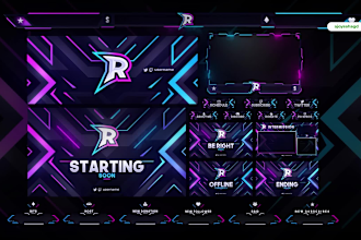 design custom animated kick, twitch overlay package, stream overlay, logo