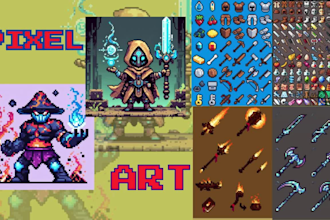 draw 2d pixel assets, background, character , animations  8 bit, 16 bit, 64 bit