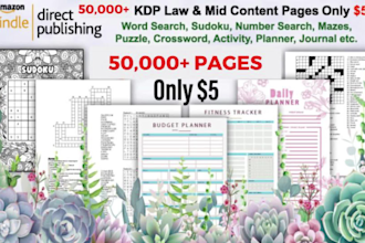 provide 50,000 sudoku, puzzles, maze, activity, planer book pages for KDP