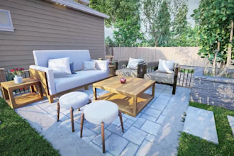 render 3d front yard, backyard, outdoor deck, pizza oven, pavilion, garage porch