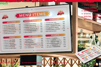 design a digital restaurant, bar, event foods menu card, board or cafe TV screen