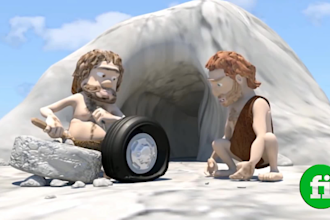 add logo and slogan in funny caveman wheel video ad