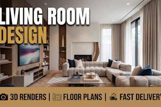 do photorealistic 3d living room interior design and architectural rendering