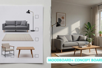 create a professional interior design moodboard and concept board