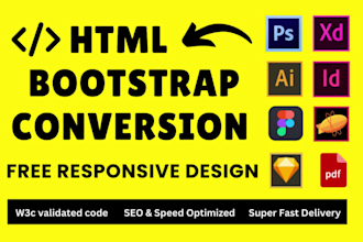 convert figma, xd, sketch, PDF, PSD to HTML, CSS, bootstrap, tailwind, or react