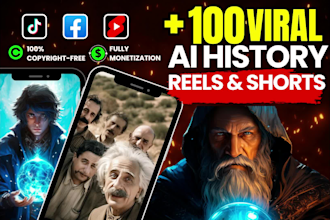 provide 100 faceless ai history shorts for youtube, instagram reels, tiktok