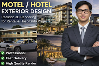 design modern motel, hotel or rental accommodation with 2d and 3d plans