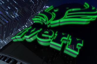create 3d logo animation in corporate building, intro outro