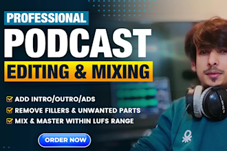do professional podcast audio editing, edit and mix podcast episodes in 24 hours