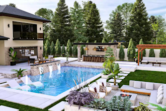 design outdoor kitchen pergola patio backyard with realistic 3d rendering