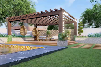 design 3d landscape backyard, patio, terrace, swimming pool outdoor environment