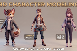 create 3d low poly model, 3d furry vtuber and vrchat model anime model for game