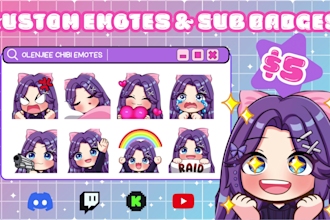 draw cute adorable anime emotes, sub badges, animated emotes for streams