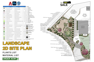 architect landscape 2d site plan, planting plan material list as garden designer