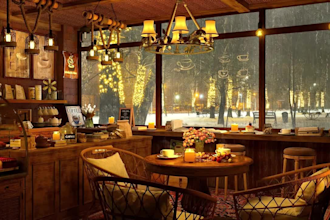 create cozy coffee shop ambience rain video for jazz relaxation music