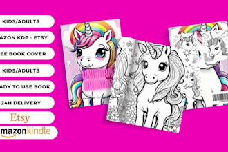 create coloring book pages and book cover for unicorn