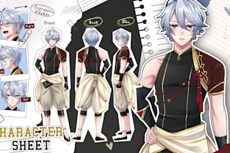 draw anime style character reference sheet design for your vtuber, oc, fanart