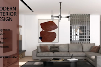 do interior design of living room, bedroom,kitchen,bathroom with shopping list