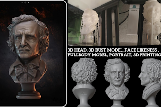 sculpt realistic 3d head bust, 3d face, statue, stl full body model, 3d printing