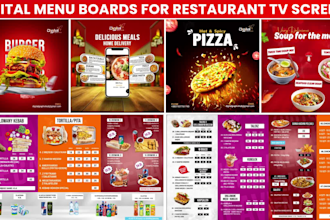 design digital menu board, food ads video, menu and sticker design