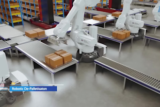 create 3d industrial animation warehouse automation robotic palletization video
