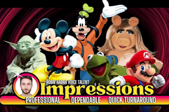 do an impression of mickey mouse, goofy, yoda, mario, kermit and miss piggy
