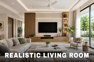 create 3d interior design for living room kitchen and bathroom