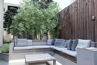 design home landscape backyard, pool, 3d realistic rendering