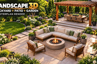 design 3d landscape, backyard makeover, patio and garden masterplan render