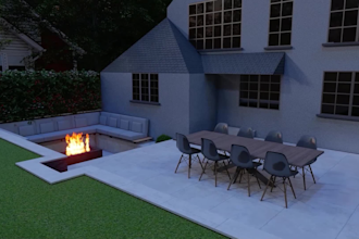 design a realistic 3d backyard landscape with pool and patio