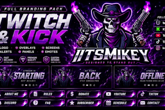 create an animated  twitch overlay, alerts, and esports logo, kick