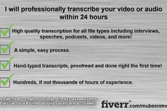professionally transcribe video or audio within 24 hours