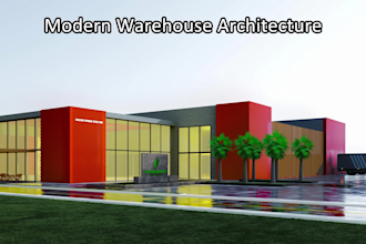 do warehouse factory 3d exterior rendering, modern 2d layout