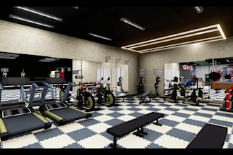 do gym interior design, make 3d model, renders and drawings