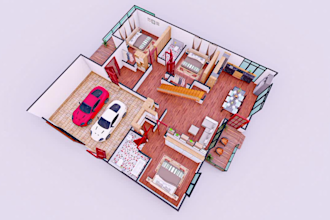create a 3d floor plan with furniture and realistic rendering